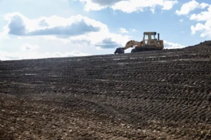 yellow bulldozer leveling dark soil on a sloped construction site under a partly cloudy sky
